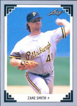 Zane Smith mid-throw in white uniform on 1991 Leaf Pittsburgh Pirates Baseball Card