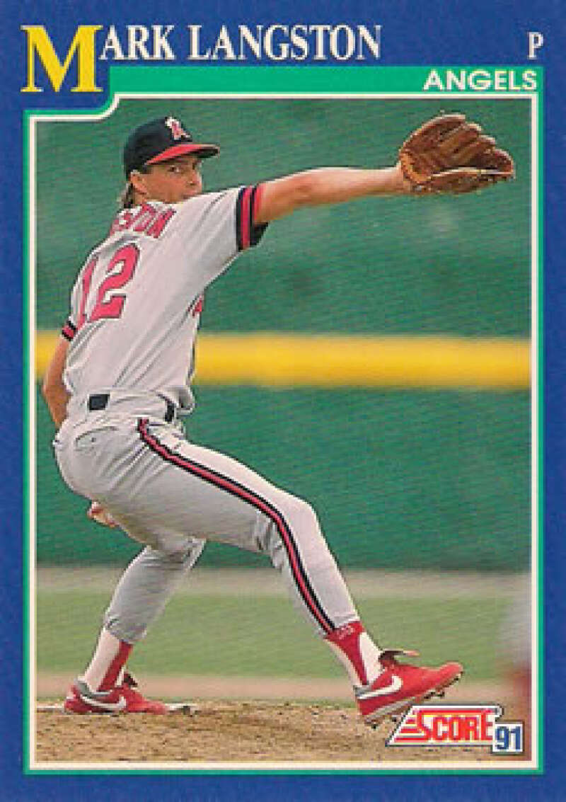 Baseball card of Mark Langston in California Angels uniform mid-delivery pitch