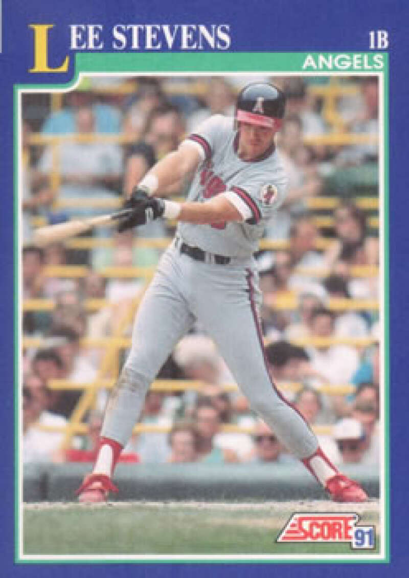 Baseball card of Lee Stevens in white uniform for California Angels at bat