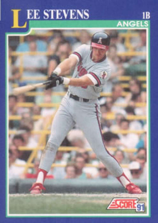 Baseball card of Lee Stevens in white uniform for California Angels at bat