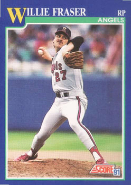 Baseball card of Willie Fraser, California Angels pitcher in white uniform with red trim