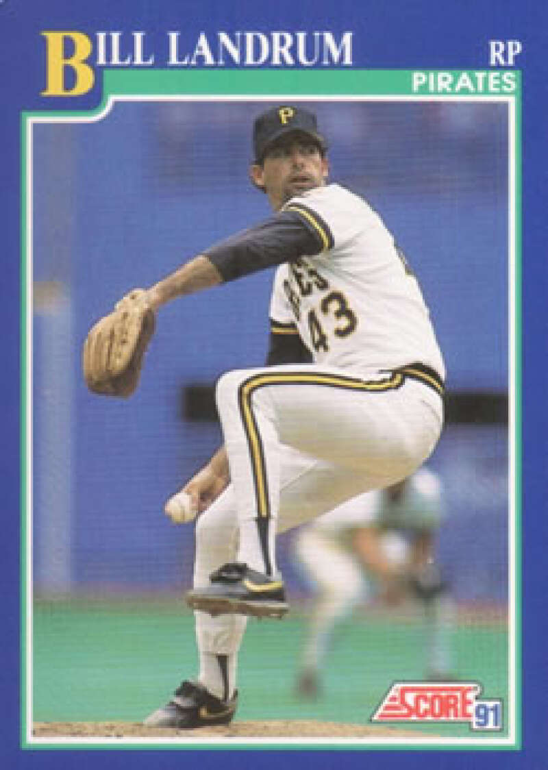 Baseball card of Pittsburgh Pirates pitcher Bill Landrum delivering a pitch in 1991