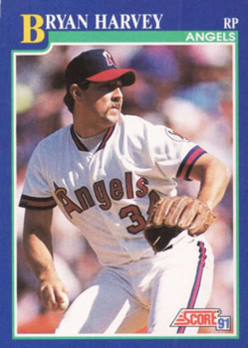 Baseball card of Bryan Harvey pitching for the California Angels in a white uniform