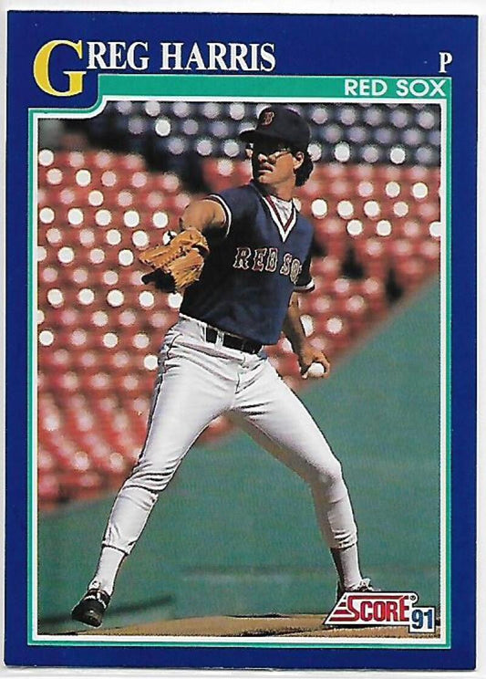 Boston Red Sox 1991 Score #109 Baseball Card of pitcher Greg Harris mid-delivery