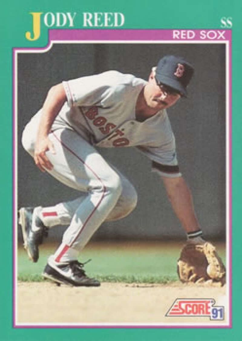 Baseball player fielding in Boston Red Sox uniform on 1991 Score Jody Reed baseball card