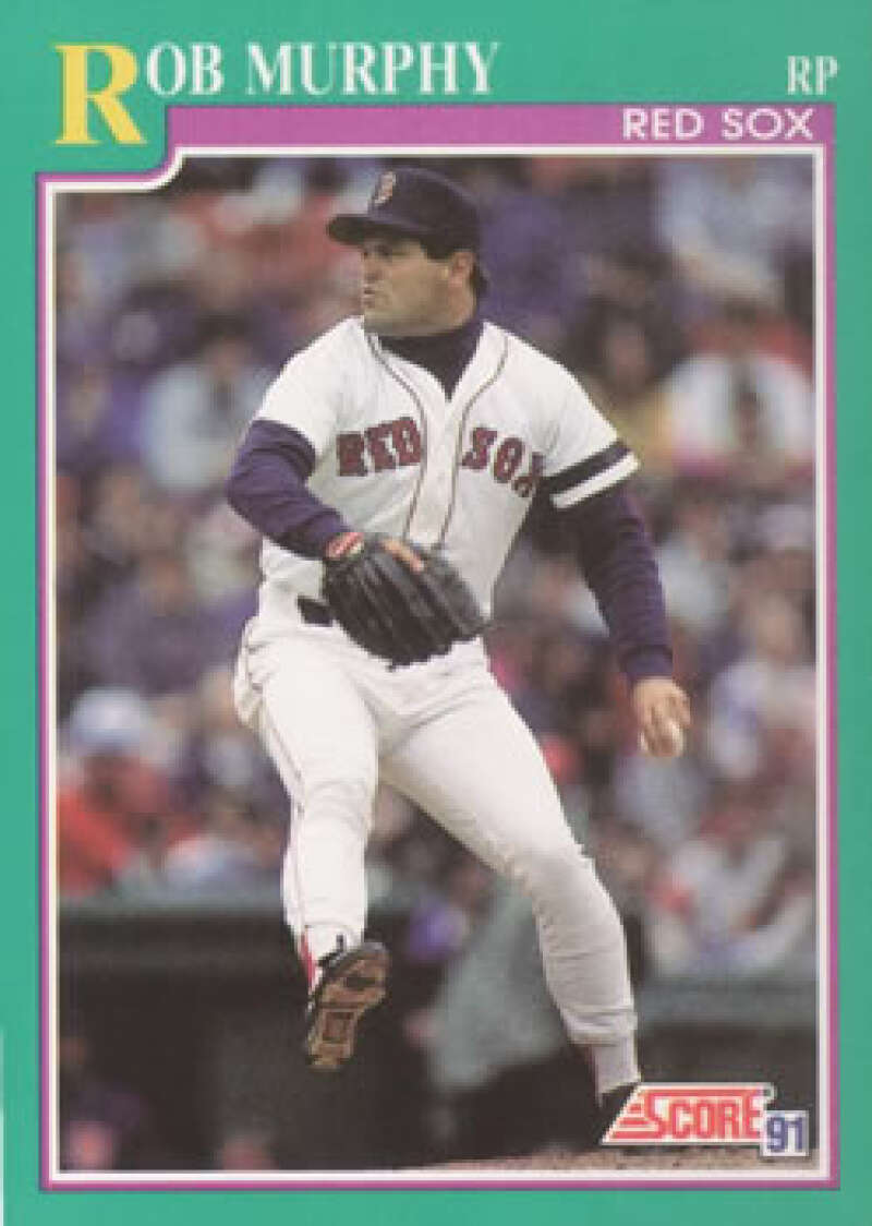 Baseball card of Rob Murphy, Red Sox pitcher in delivery, 1991 Score #183