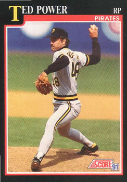 Ted Power mid-throw in black and gold uniform on Pittsburgh Pirates baseball card