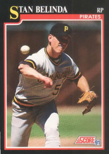 Pittsburgh Pirates Stan Belinda mid-delivery baseball card from Score 1991 set