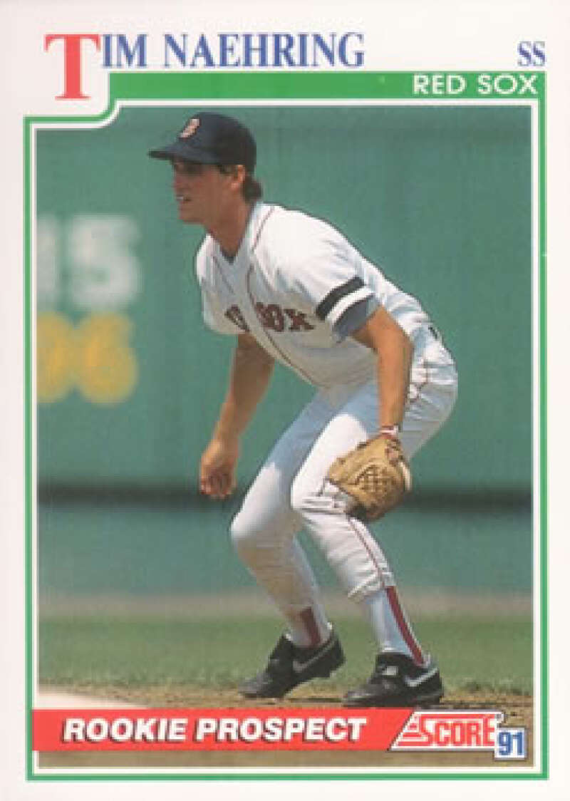 Baseball card of Tim Naehring in fielding stance, Boston Red Sox home uniform