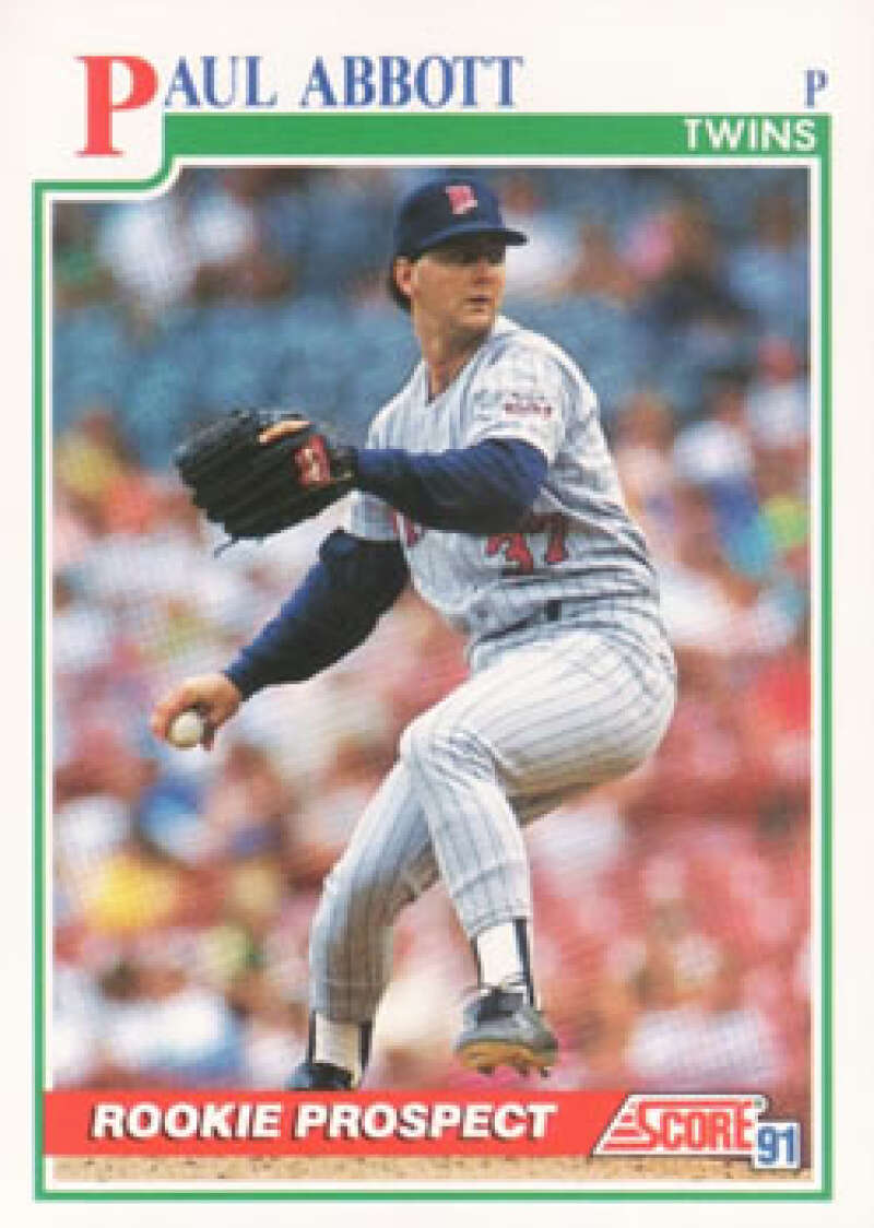 Minnesota Twins Baseball Card of Paul Abbott in mid-delivery wearing a white uniform