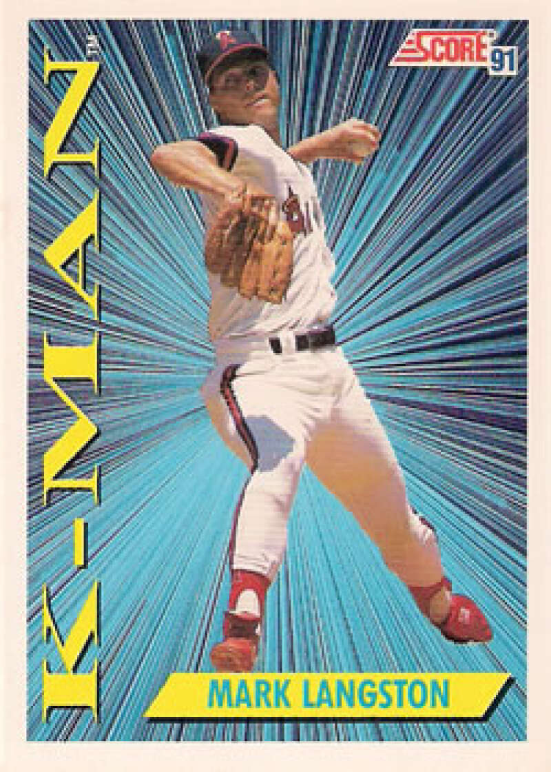 Baseball card of Mark Langston pitching in white uniform for California Angels