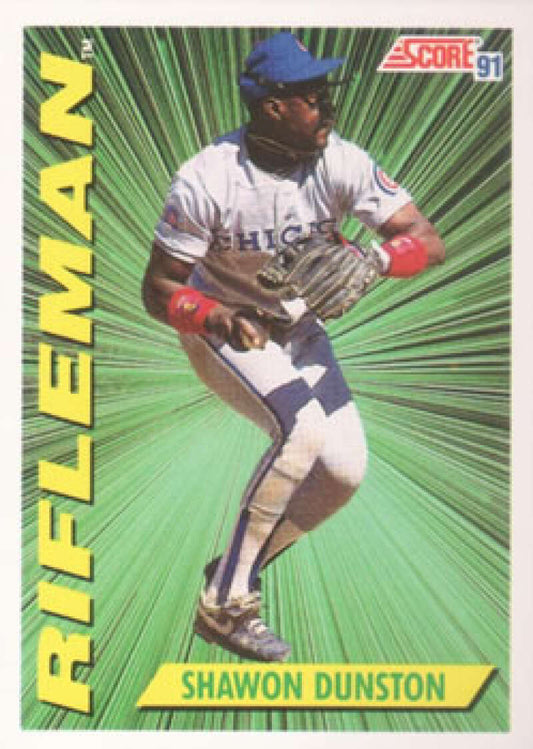 Baseball card of Shawon Dunston in a white Chicago Cubs uniform on green starburst