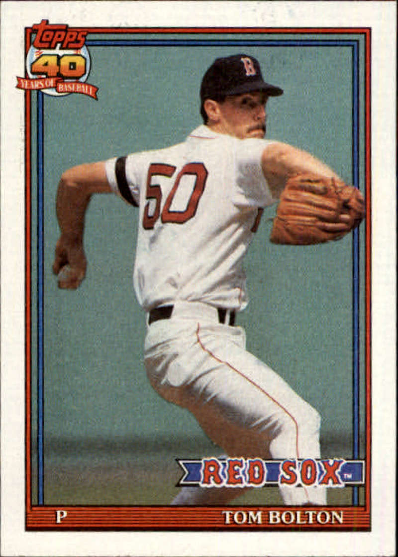 1991 Topps #37 Tom Bolton Boston Red Sox Baseball Card, pitcher mid-delivery in white uniform