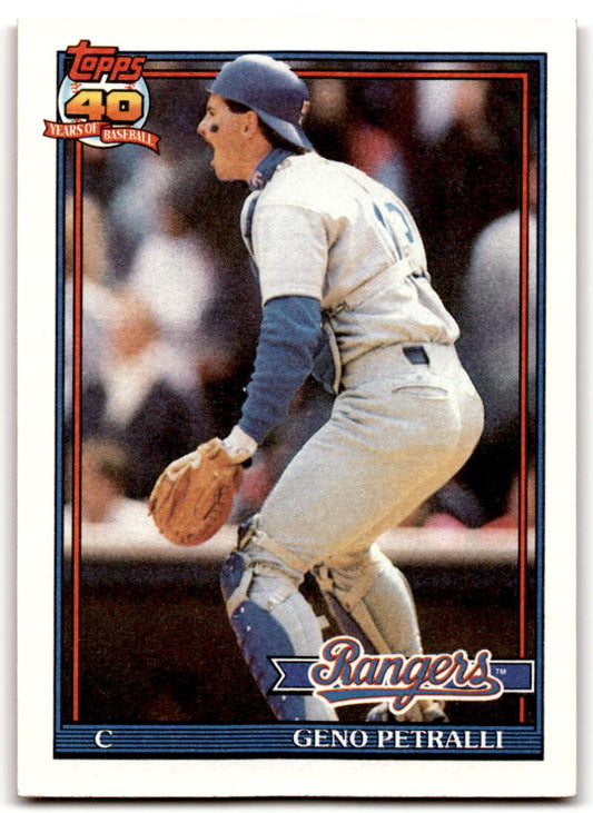 Geno Petralli crouching in defense on a Texas Rangers baseball card from 1991 Topps