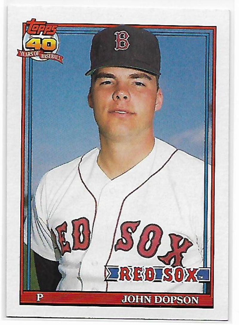 Boston Red Sox player John Dopson in white jersey and navy cap on baseball card