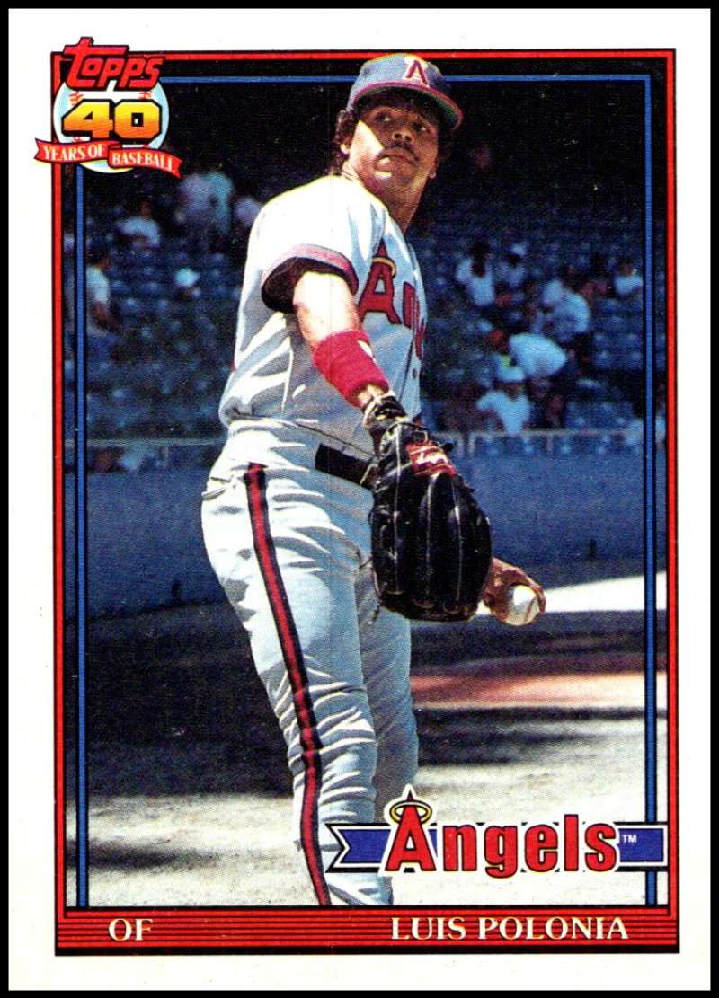 1991 Topps #107 Luis Polonia California Angels Baseball Card in white and red uniform