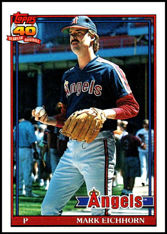 1991 Topps baseball card of Mark Eichhorn in California Angels navy and red uniform