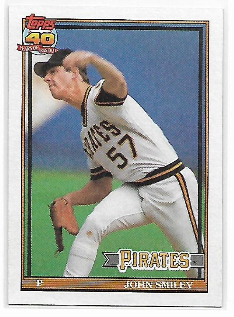 John Smiley mid-throw on a 1991 Topps Pittsburgh Pirates baseball card number 57