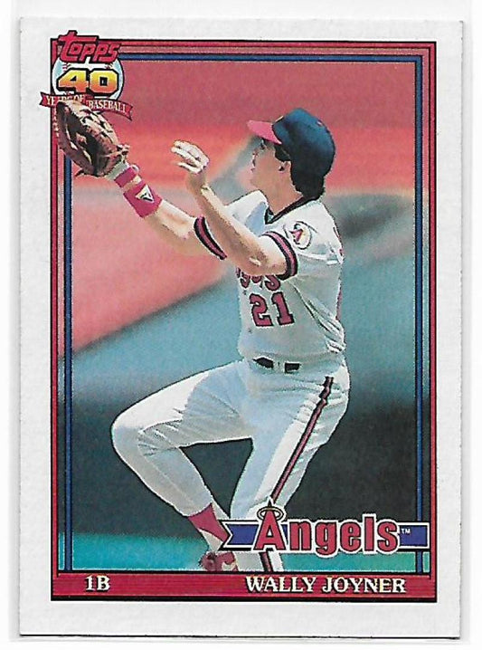 Baseball card featuring Wally Joyner of the California Angels making a leaping catch