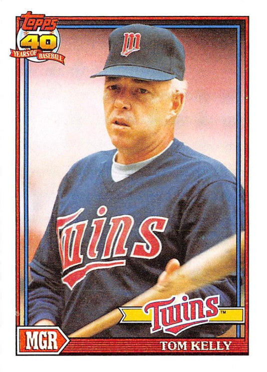 Tom Kelly Minnesota Twins baseball card in navy blue uniform from 1991 Topps