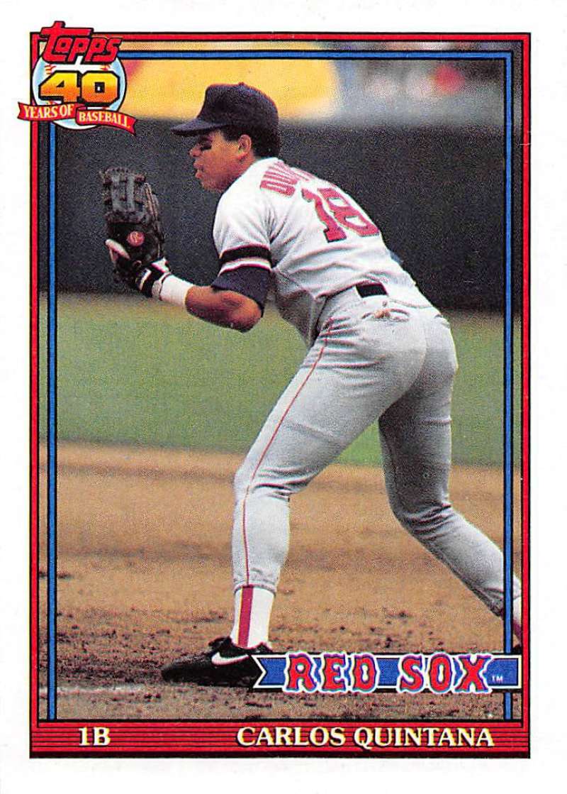 Baseball card of Carlos Quintana fielding for the Boston Red Sox in white uniform