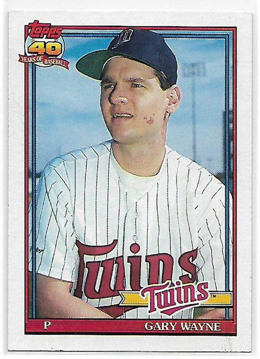 Minnesota Twins baseball card featuring Gary Wayne in pinstripe uniform and navy cap