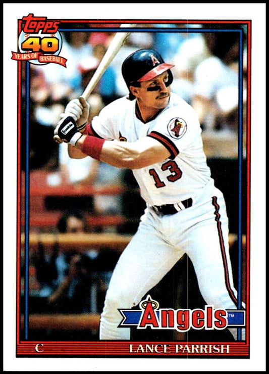 Lance Parrish California Angels baseball card in white uniform at bat, number 13