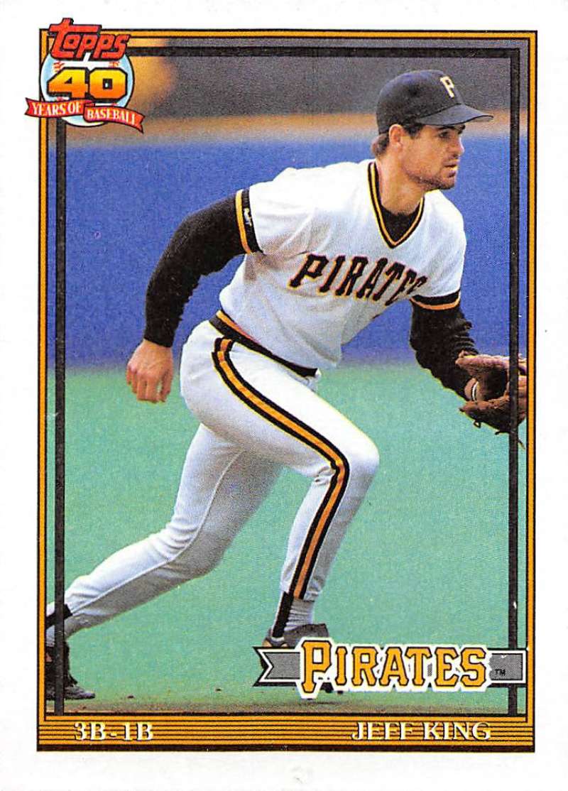 Pittsburgh Pirates Jeff King baseball card in white home uniform with black and gold trim