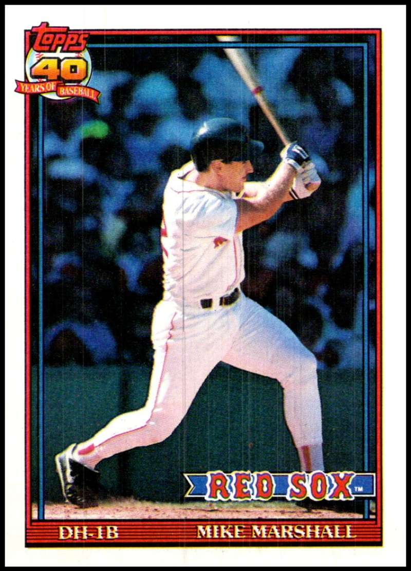 Red Sox player Mike Marshall mid-swing on 1991 Topps #356 baseball card