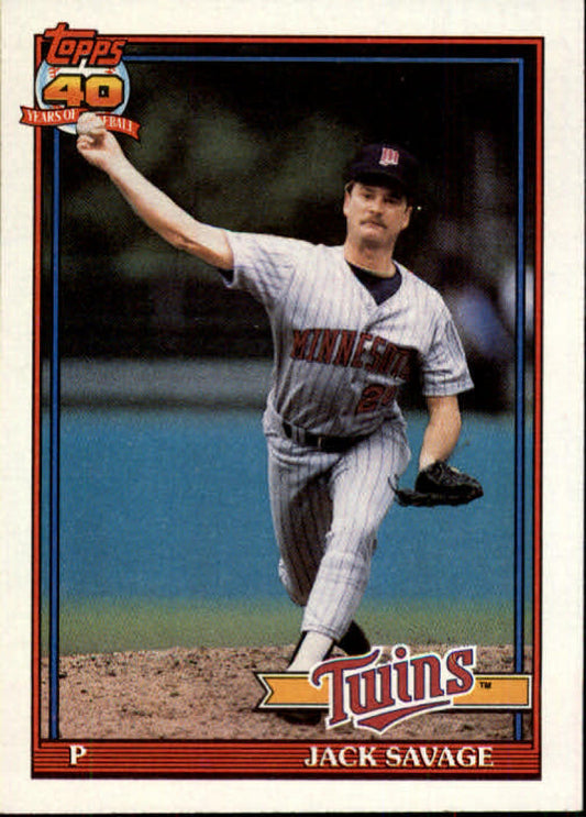 Baseball card of Jack Savage pitching for the Minnesota Twins in pinstriped uniform