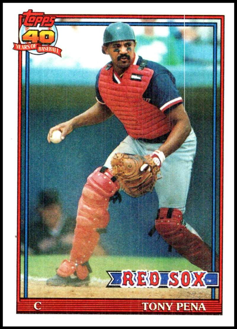 Baseball card of Tony Pena, Red Sox catcher in red gear, crouched position