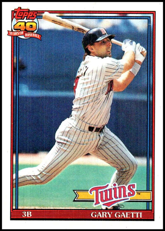 Gary Gaetti at bat in a pinstriped uniform on 1991 Topps Minnesota Twins baseball card