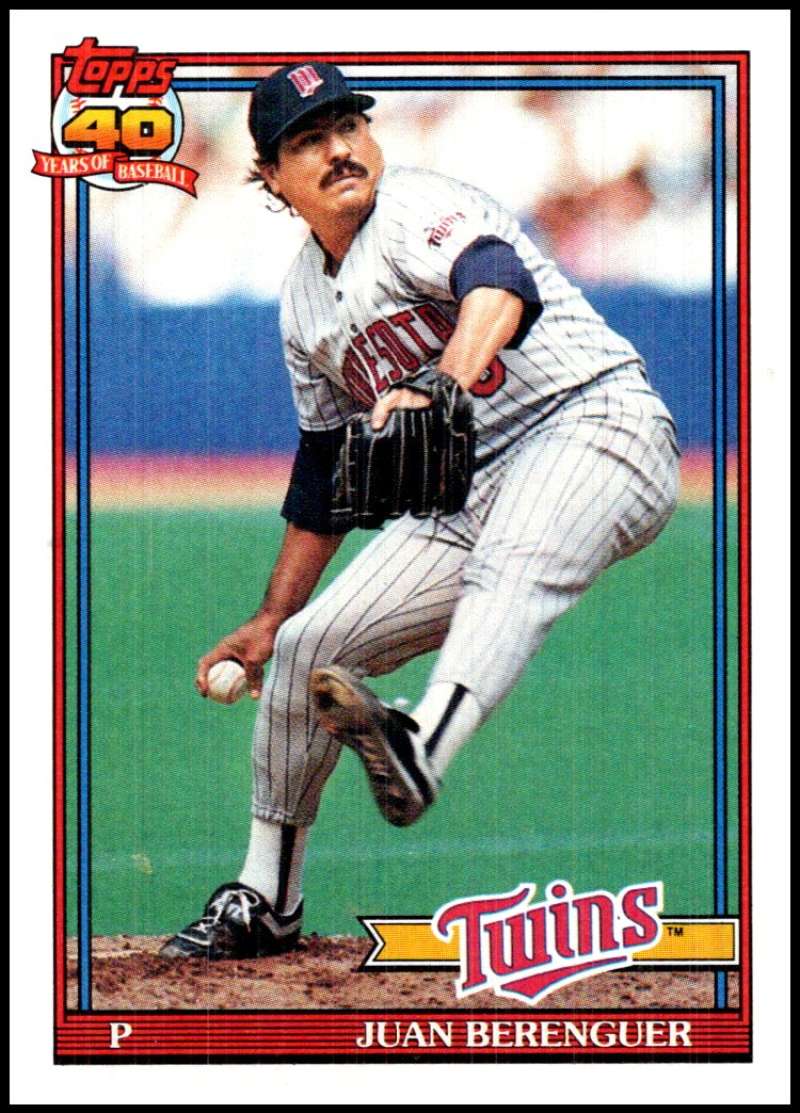 Minnesota Twins pitcher Juan Berenguer mid-delivery on a 1991 Topps baseball card