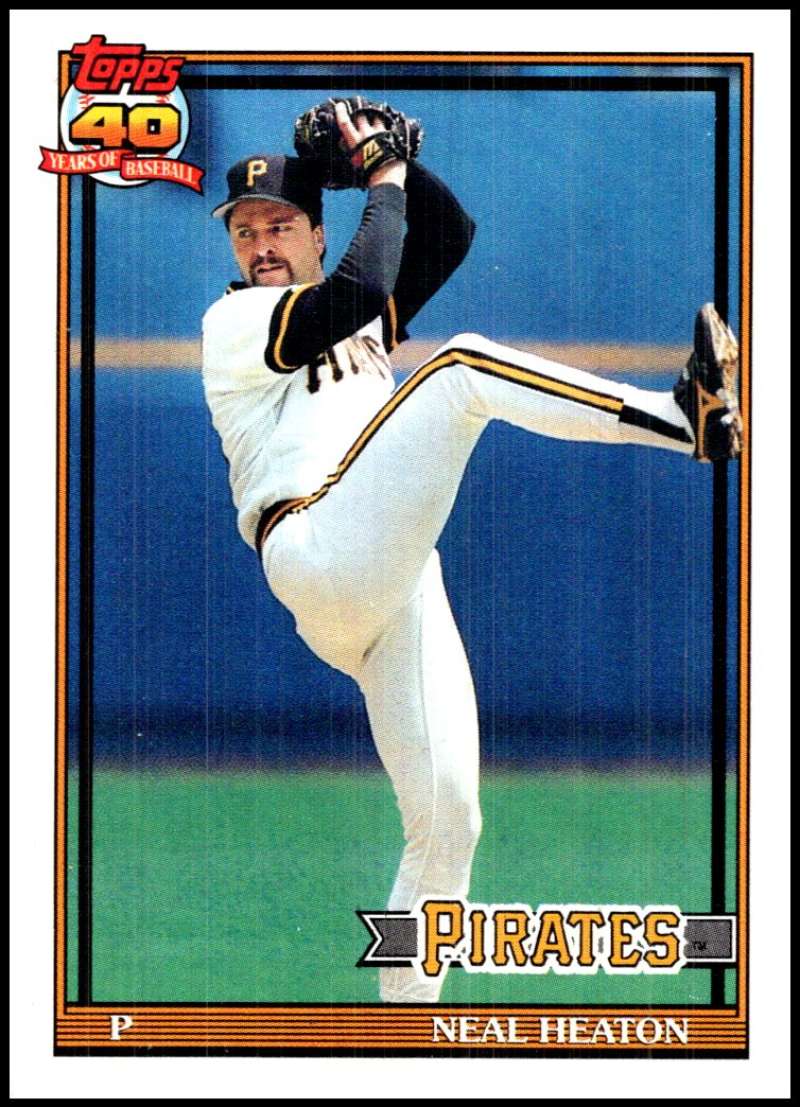 Neal Heaton pitching in white uniform on 1991 Topps Pittsburgh Pirates baseball card