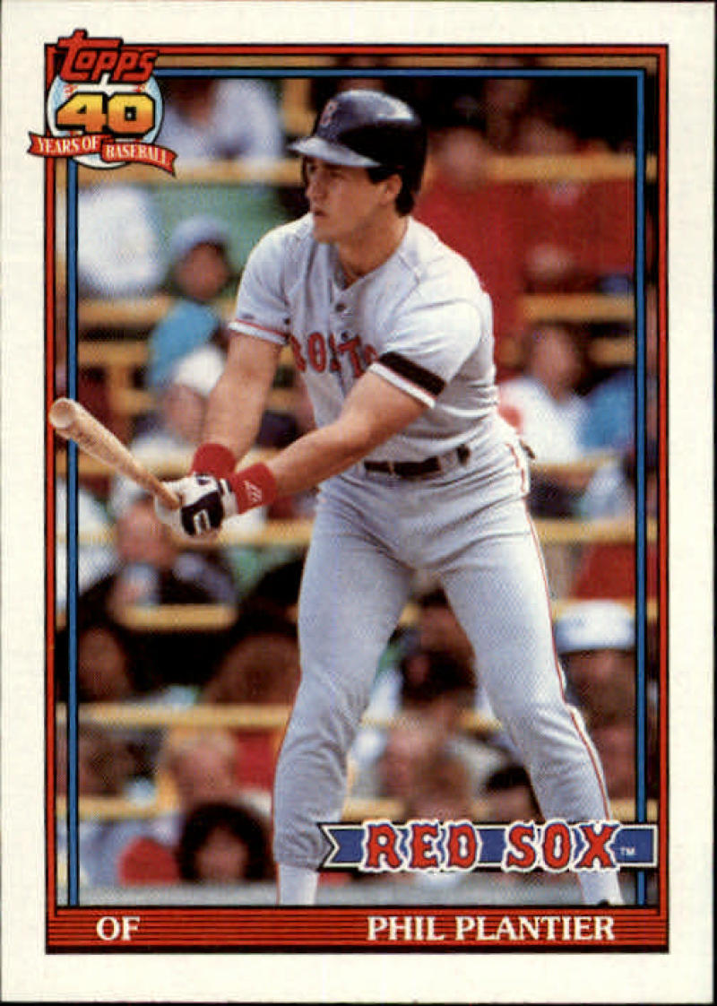 1991 Topps Phil Plantier rookie card featuring Boston Red Sox player at bat in gray uniform