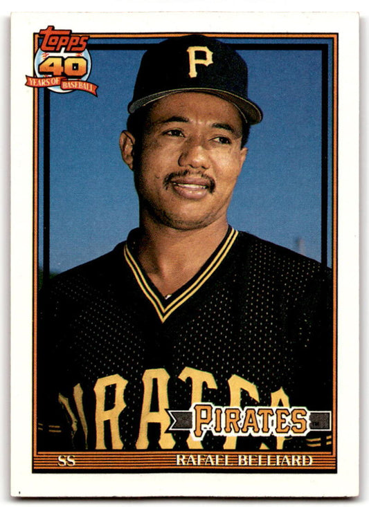 1991 Topps Rafael Belliard baseball card featuring Pittsburgh Pirates player in black uniform