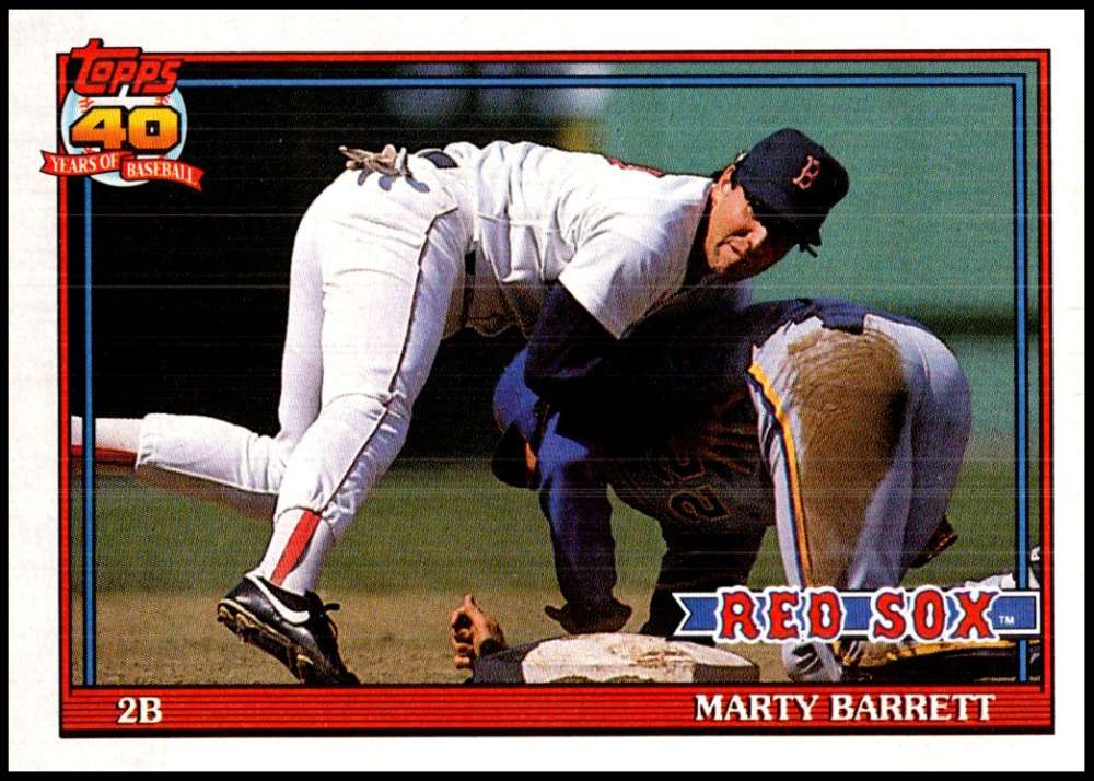 1991 Topps #496 Marty Barrett baseball card featuring Red Sox second baseman fielding