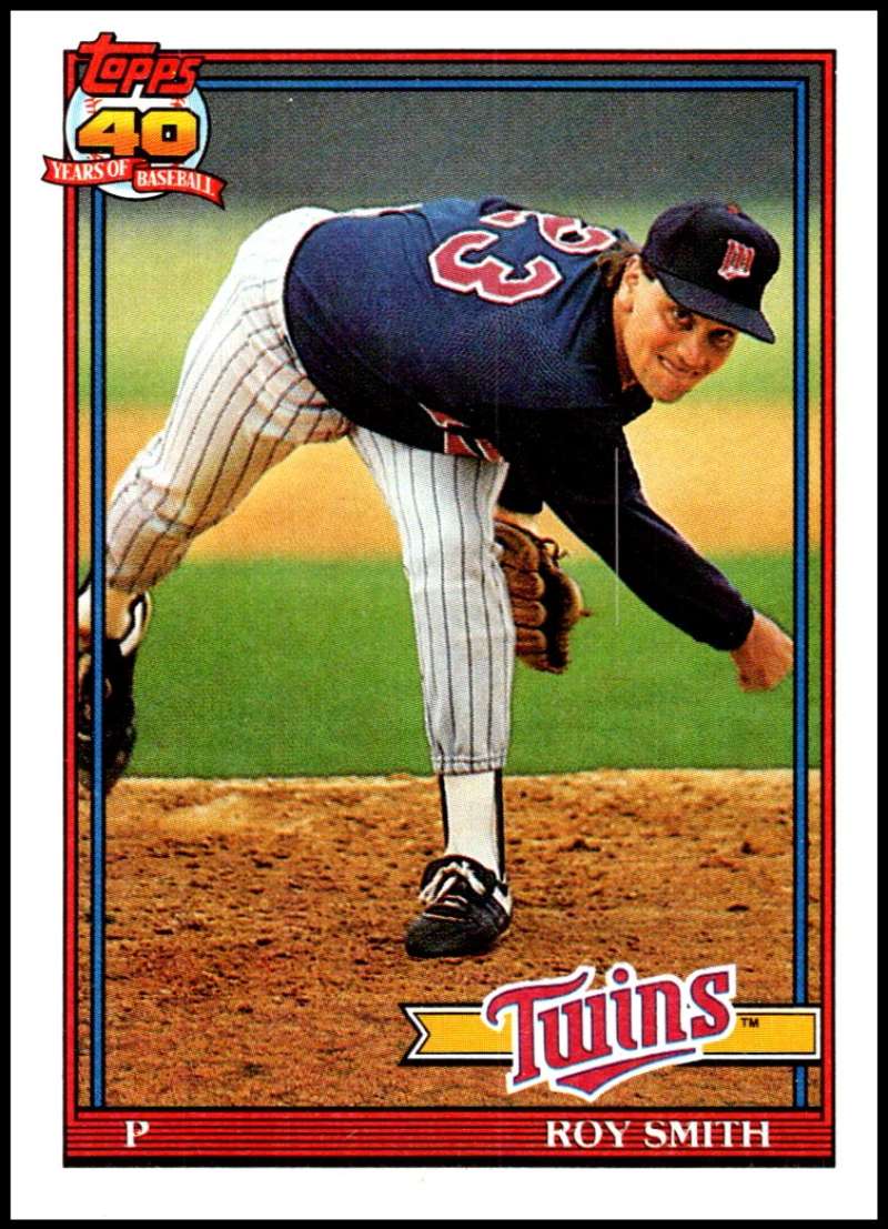 Roy Smith in follow-through pitching pose on 1991 Topps Minnesota Twins baseball card