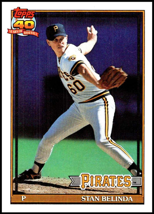 Stan Belinda mid-throw on 1991 Topps #522 Pittsburgh Pirates Baseball Card