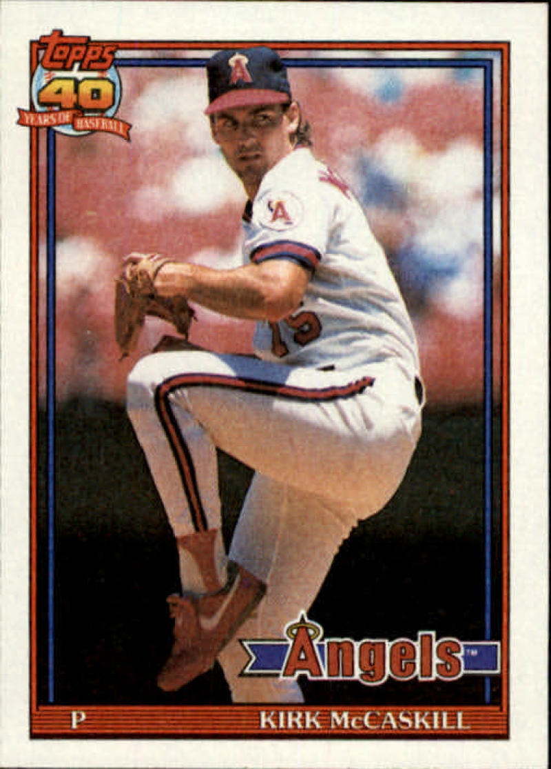 Kirk McCaskill mid-windup on a California Angels baseball card from 1991 Topps