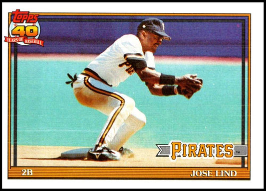 Jose Lind fielding in a crouched position on a 1991 Topps Pittsburgh Pirates baseball card