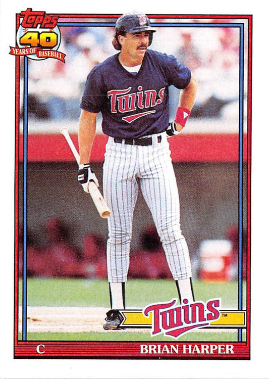 1991 Topps Brian Harper Baseball Card featuring Minnesota Twins in pinstriped uniform