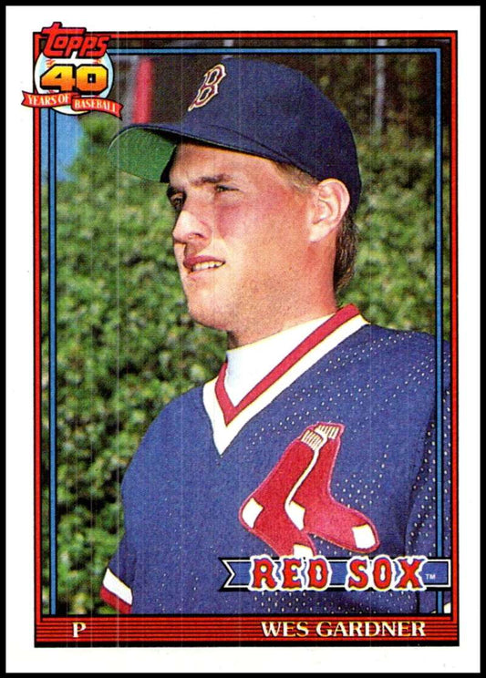 Baseball card of Wes Gardner in Red Sox uniform and navy blue cap