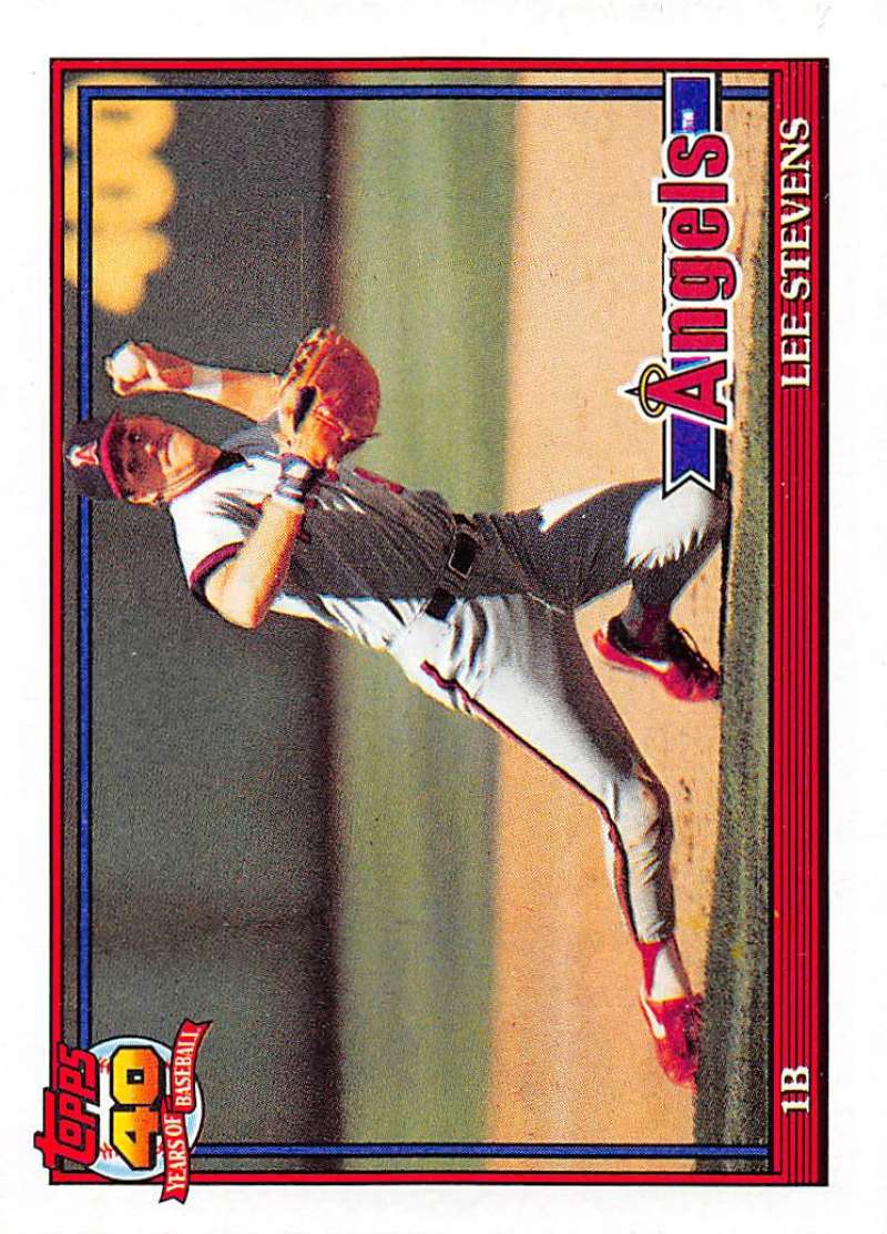 Baseball card of Lee Stevens in mid-delivery, California Angels uniform