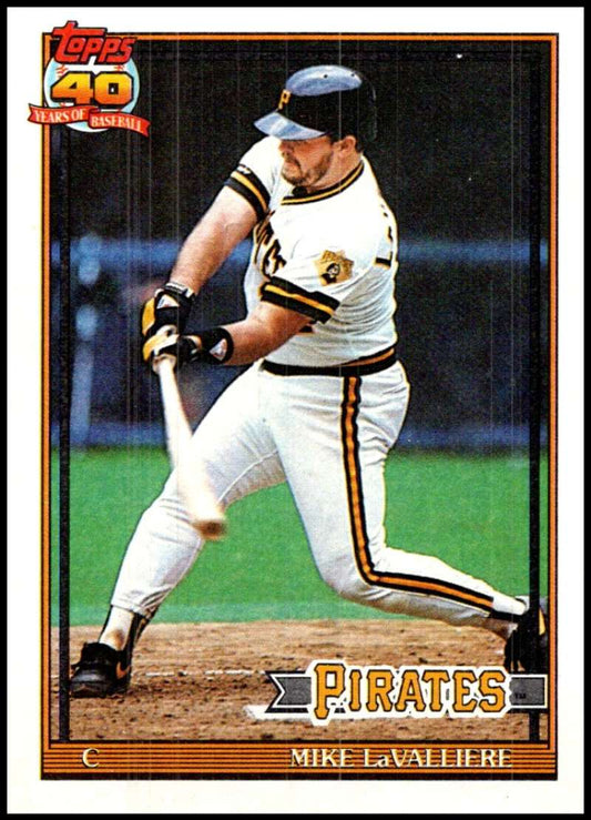 Topps baseball card of Mike LaValliere in Pittsburgh Pirates uniform with black and gold trim