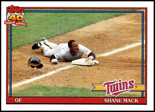 Shane Mack of the Minnesota Twins sliding headfirst into a base in a baseball game