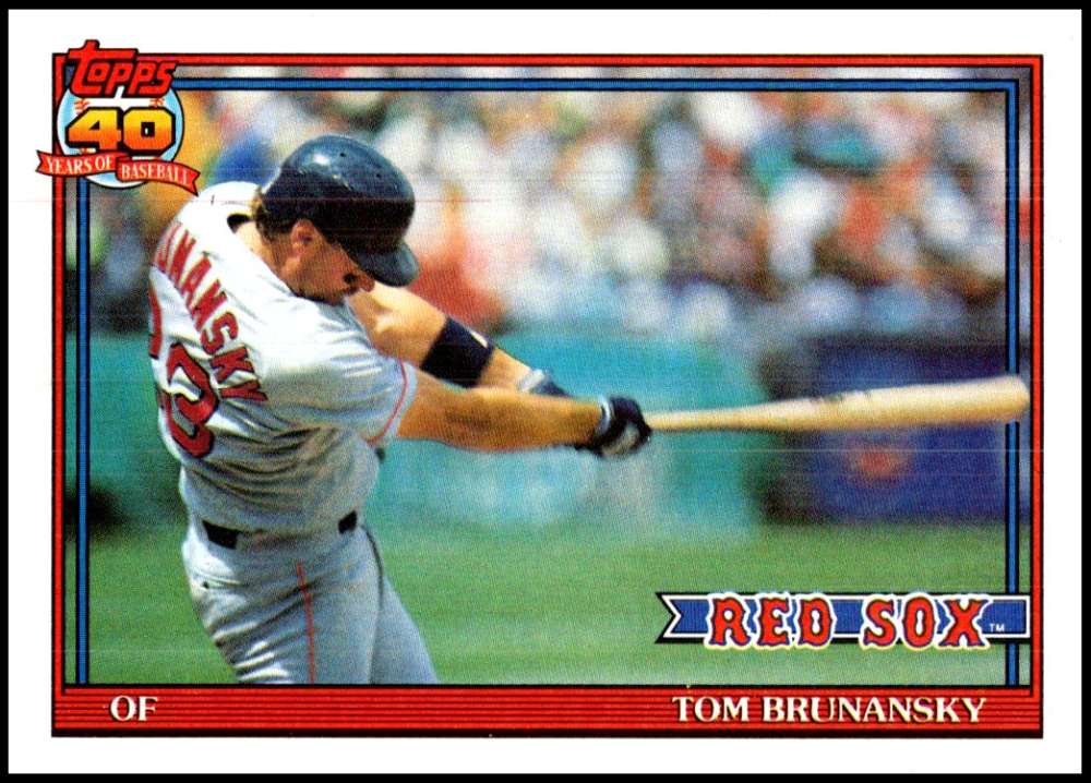 Baseball card of Tom Brunansky swinging bat for the Boston Red Sox 1991 Topps #675