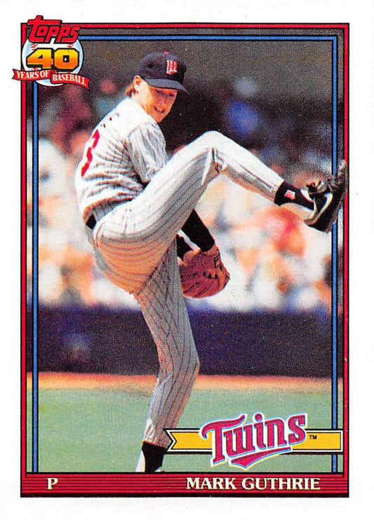 Baseball card of Mark Guthrie mid-delivery for Minnesota Twins in pinstriped uniform