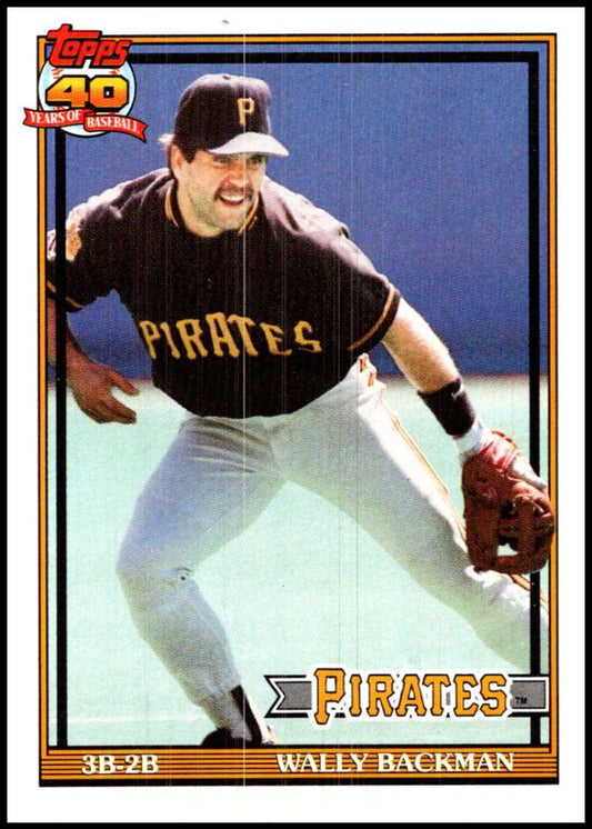 Wally Backman fielding in black uniform on Pittsburgh Pirates baseball card 1991 Topps #722