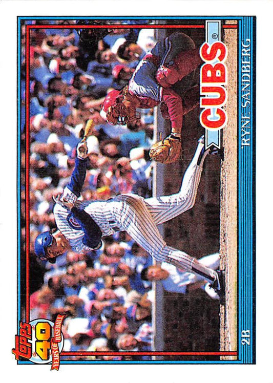 Ryne Sandberg sliding into home plate on a Chicago Cubs baseball card from 1991 Topps